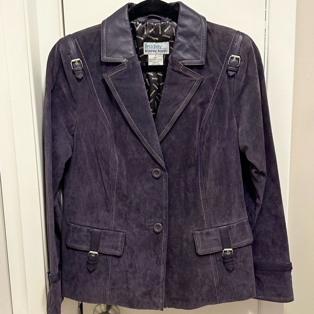 Bradley Bayou Womens Suede Leather Blazer Jacket Collar Buckles S purple